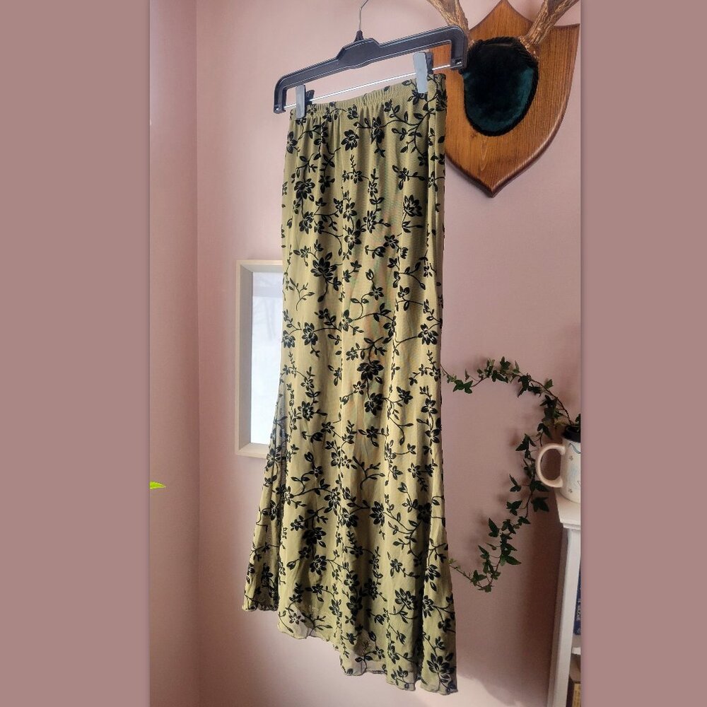 Green and black floral mesh & velvet maxi skirt, size XS/S, mermaid shape